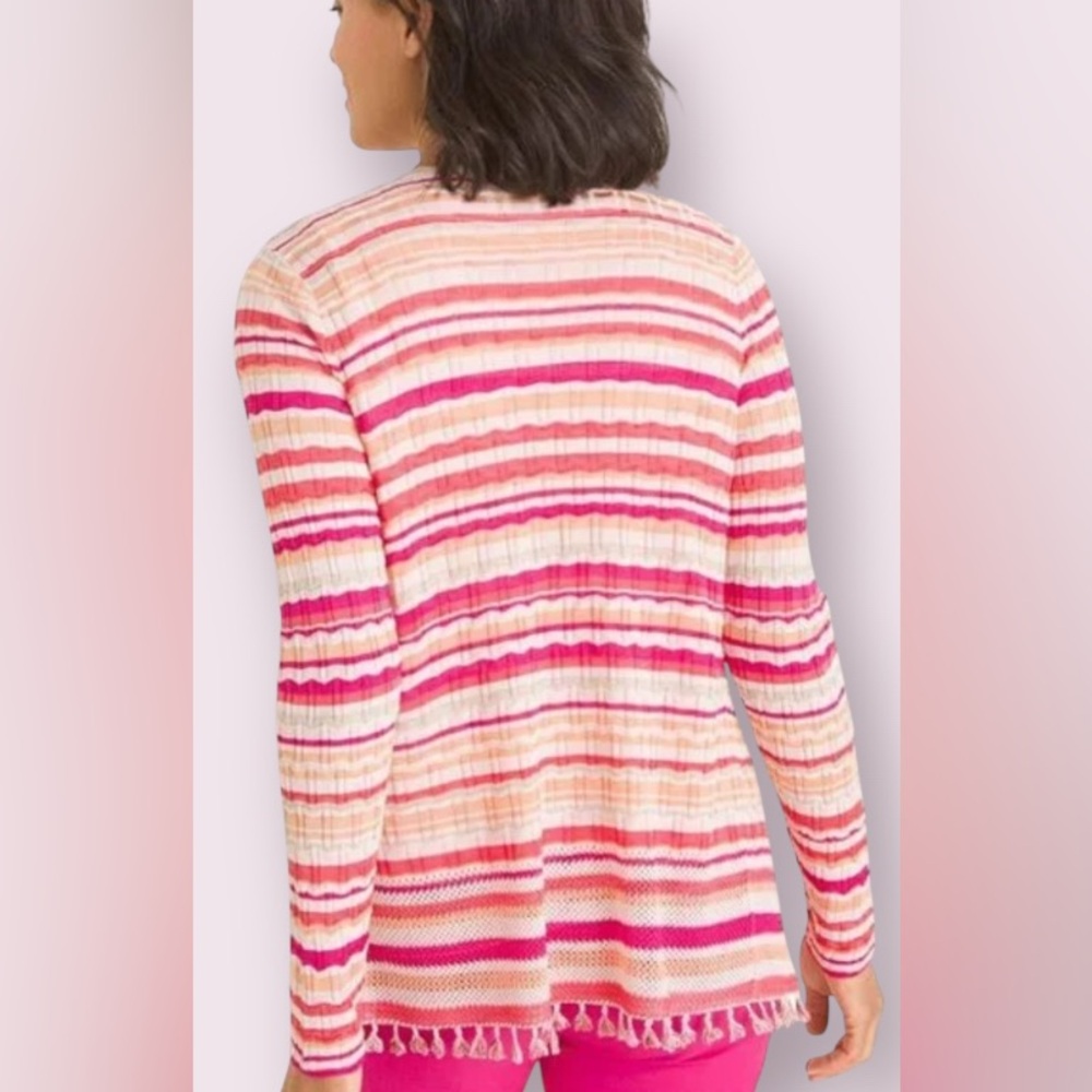Chico’s Striped Pink White Fringed Open Front Cardigan Sweater Boho Size M - Picture 6 of 12